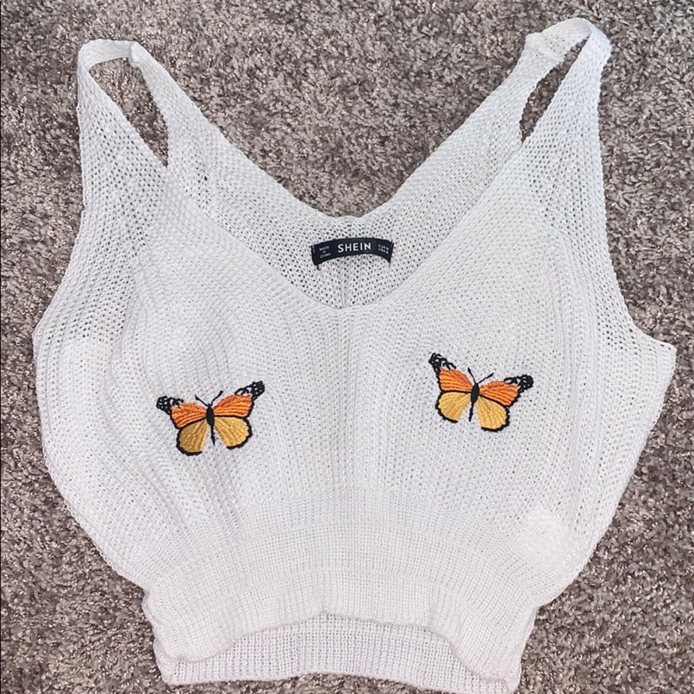 Cropped white tank sweater with butterflies